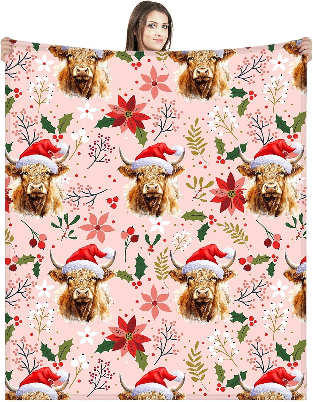 Christmas Highland Cow Throw Blanket 60 x 50 Inches Christmas Highland Cow with Santa Hat Vintage Soft Warm Blanket Western Farm Animal Flannel Blanket for Home Bed Sofa Couch Chair Decoration